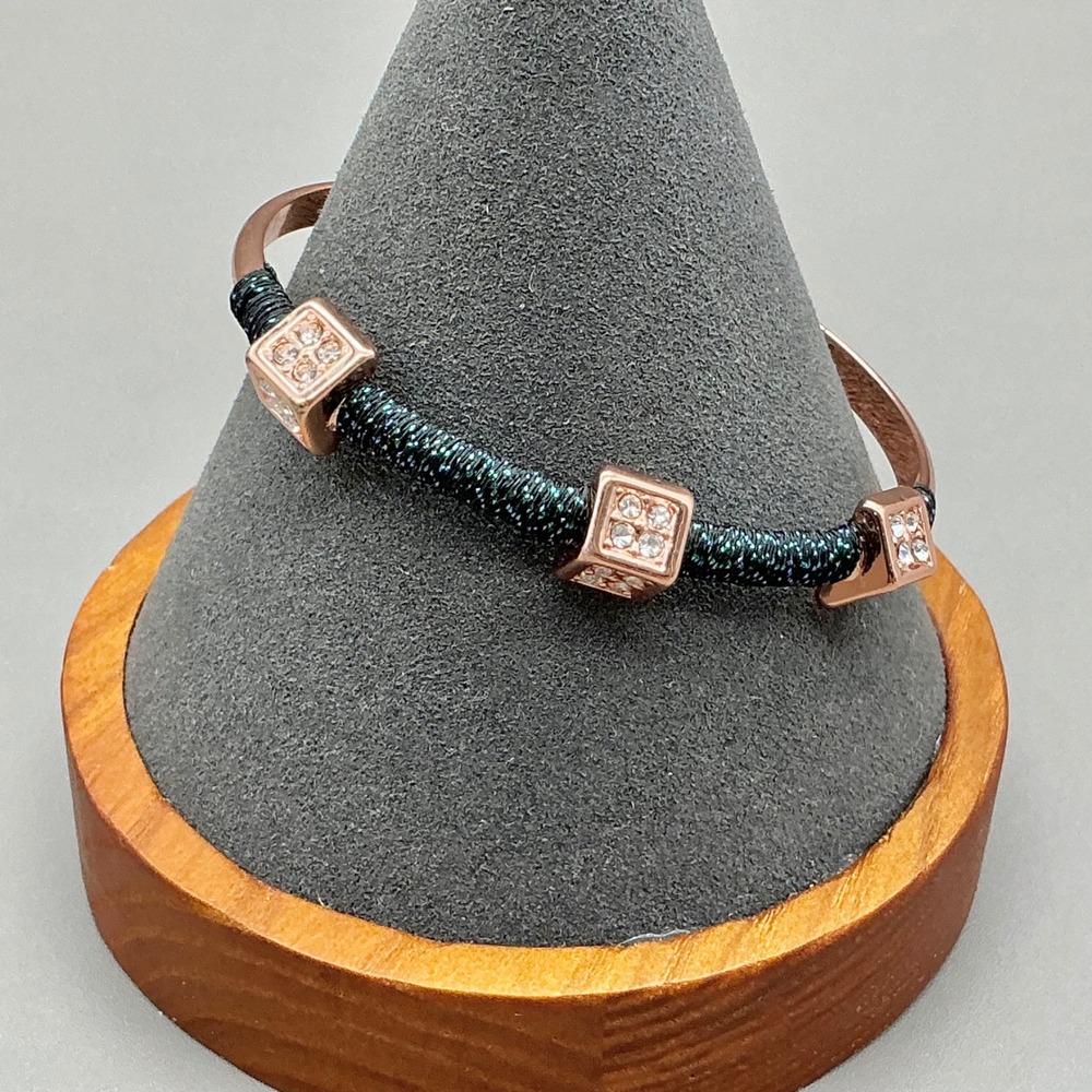 Cuff Bracelet Rose Gold Tone Green Sparkle Thread Rhinestone Square Accents